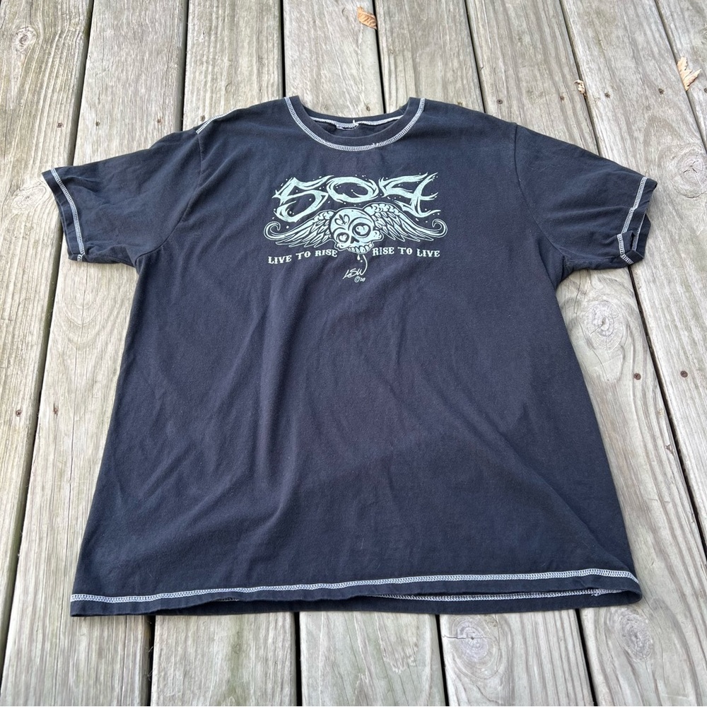Y2K 505 LSW Skull Graphic Tee Large Black Biker Grunge Rock Shirt